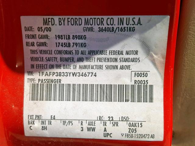 1FAFP3833YW346774 - 2000 FORD FOCUS ZTS RED photo 10