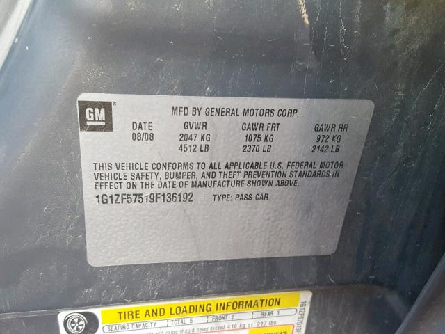 1G1ZF57519F136192 - 2009 CHEVROLET MALIBU HYB CHARCOAL photo 10