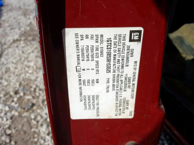 1GTCS19X538153525 - 2003 GMC SONOMA RED photo 10