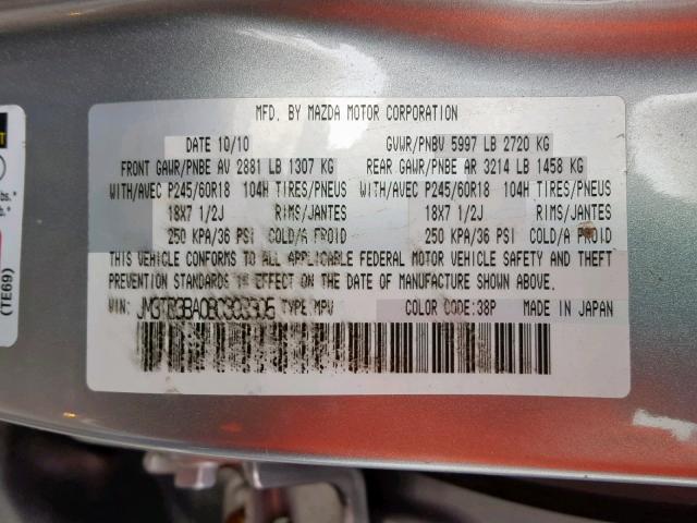 JM3TB3BA0B0303305 - 2011 MAZDA CX-9 SILVER photo 10