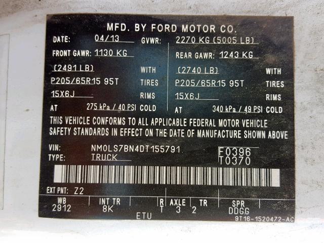 NM0LS7BN4DT155791 - 2013 FORD TRANSIT CO WHITE photo 10