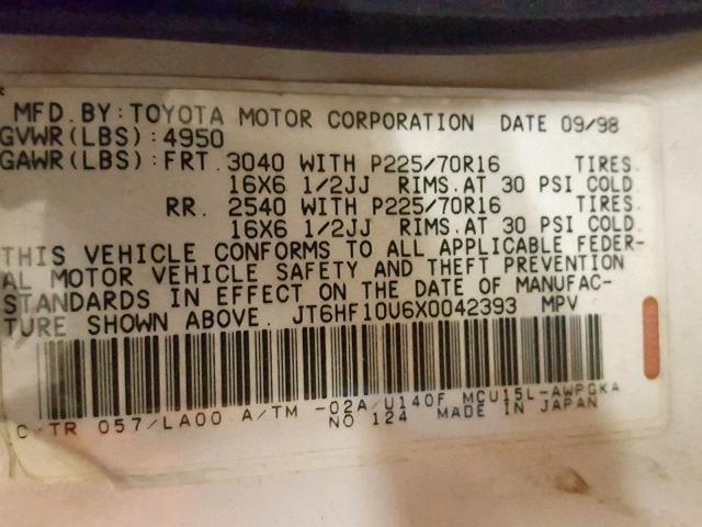 JT6HF10U6X0042393 - 1999 LEXUS RX 300 WHITE photo 10