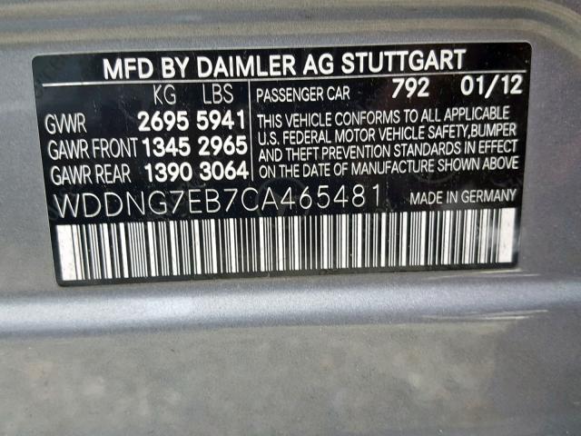 WDDNG7EB7CA465481 - 2012 MERCEDES-BENZ S 63 AMG GRAY photo 10