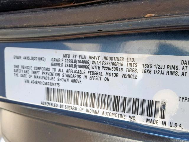 4S4BP61C557334275 - 2005 SUBARU LEGACY OUT BLUE photo 10