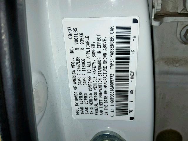 1HGCP36818A005772 - 2008 HONDA ACCORD EXL WHITE photo 10