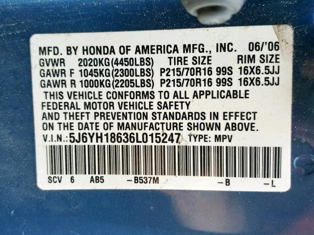 5J6YH18636L015247 - 2006 HONDA ELEMENT EX BLUE photo 10