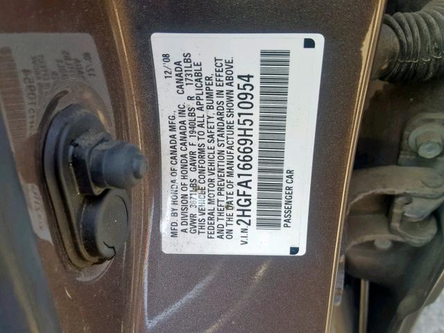 2HGFA16669H510954 - 2009 HONDA CIVIC LX-S BROWN photo 10