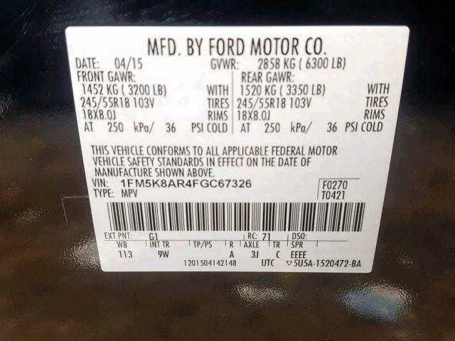 1FM5K8AR4FGC67326 - 2015 FORD EXPLORER P BLACK photo 10