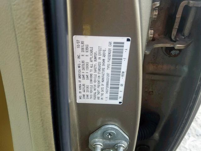 1HGCP26888A021297 - 2008 HONDA ACCORD EXL GOLD photo 10