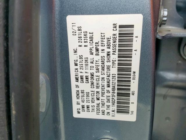 1HGCP3F84BA021293 - 2011 HONDA ACCORD EXL BLUE photo 10