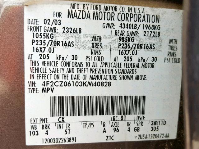 4F2CZ06103KM40828 - 2003 MAZDA TRIBUTE ES 灰色 照片 10