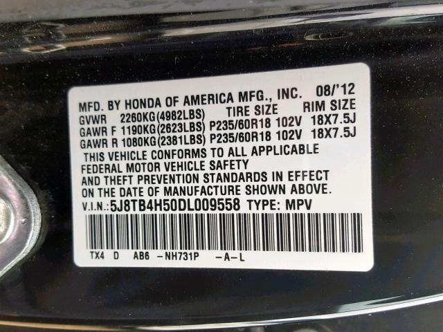 5J8TB4H50DL009558 - 2013 ACURA RDX TECHNO BLACK photo 10