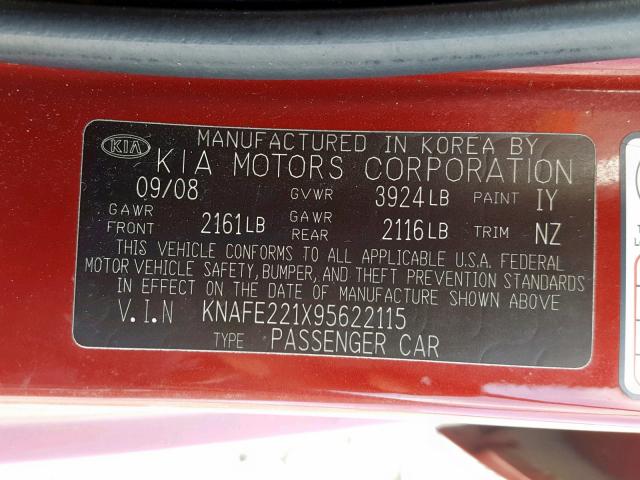 KNAFE221X95622115 - 2009 KIA SPECTRA EX BURGUNDY photo 10