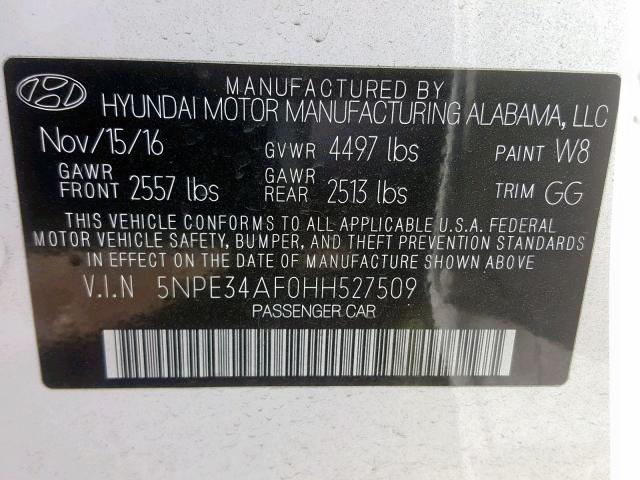 5NPE34AF0HH527509 - 2017 HYUNDAI SONATA SPO WHITE photo 10