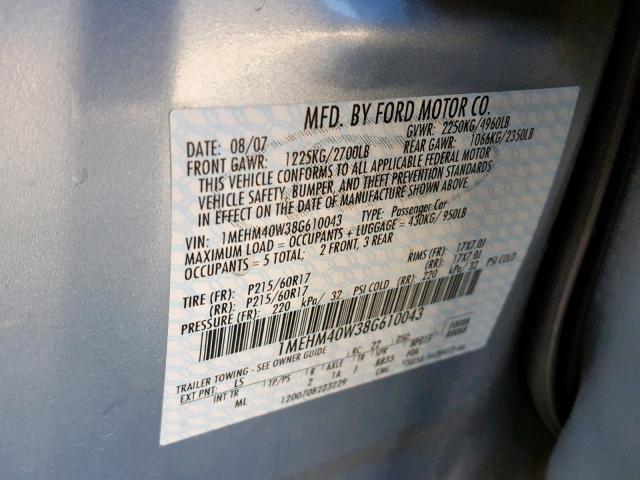 1MEHM40W38G610043 - 2008 MERCURY SABLE LUXU BLUE photo 10