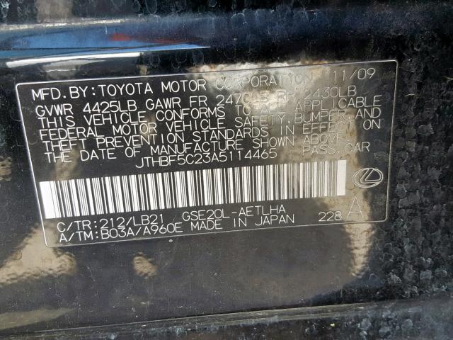 JTHBF5C23A5114465 - 2010 LEXUS IS 250 BLACK photo 10