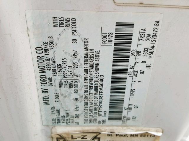 1FTYR10D87PA60403 - 2007 FORD RANGER WHITE photo 10