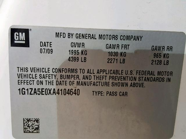 1G1ZA5E0XA4104640 - 2010 CHEVROLET MALIBU LS WHITE photo 10