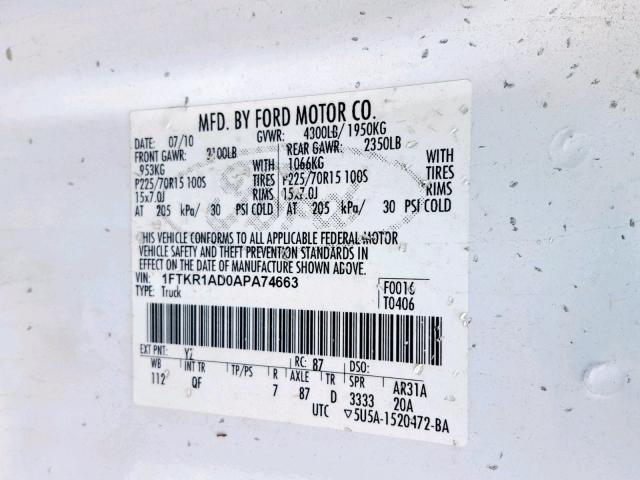 1FTKR1AD0APA74663 - 2010 FORD RANGER WHITE photo 10