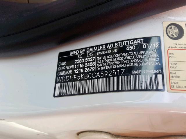 WDDHF5KB0CA592517 - 2012 MERCEDES-BENZ E 350 WHITE photo 10