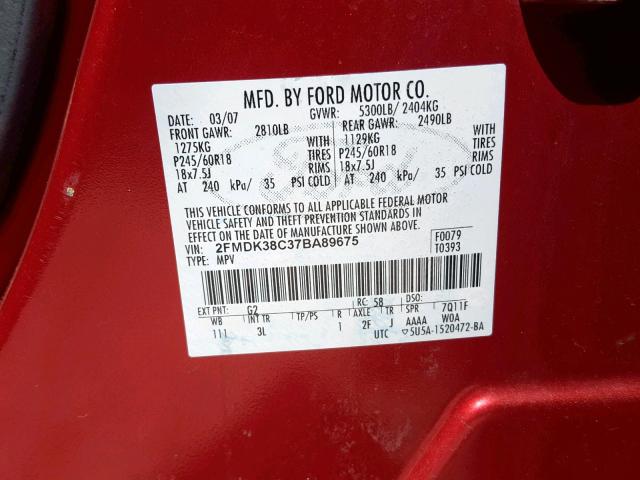 2FMDK38C37BA89675 - 2007 FORD EDGE SEL RED photo 10