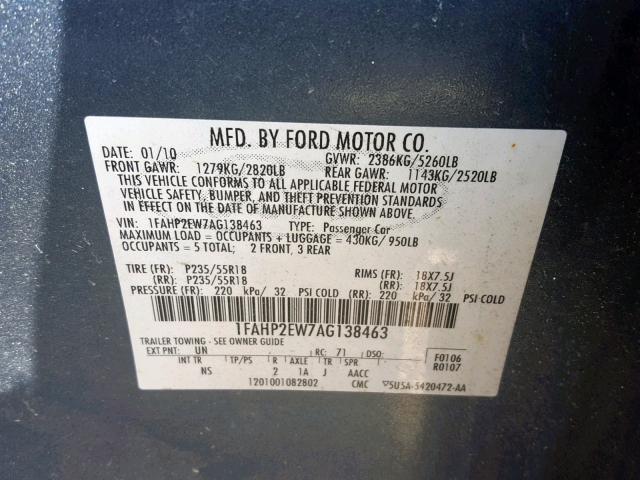 1FAHP2EW7AG138463 - 2010 FORD TAURUS SEL BLUE photo 10