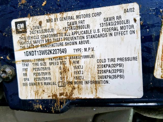 1GNDT13W62K207649 - 2002 CHEVROLET BLAZER BLUE photo 10