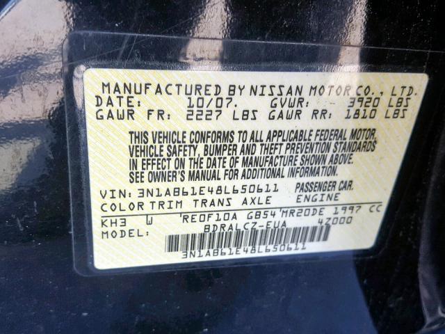 3N1AB61E48L650611 - 2008 NISSAN SENTRA 2.0 BLACK photo 10