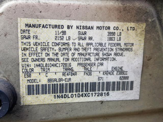 1N4DL01D4XC172816 - 1999 NISSAN ALTIMA XE TAN photo 10