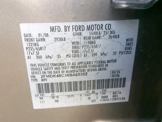 2FMDK48C38BA65352 - 2008 FORD EDGE SEL GRAY photo 10