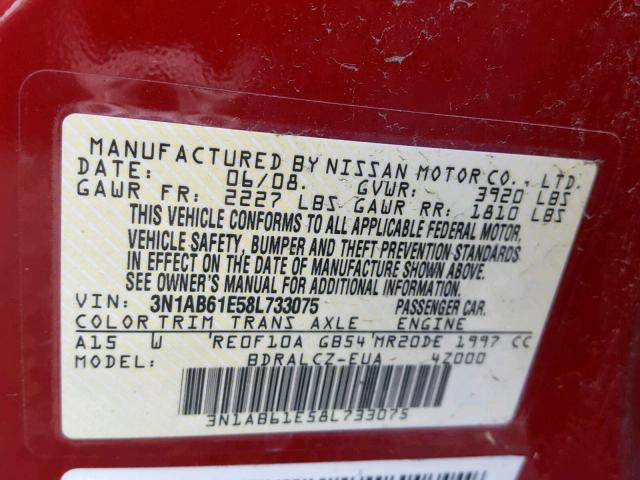 3N1AB61E58L733075 - 2008 NISSAN SENTRA 2.0 RED photo 10