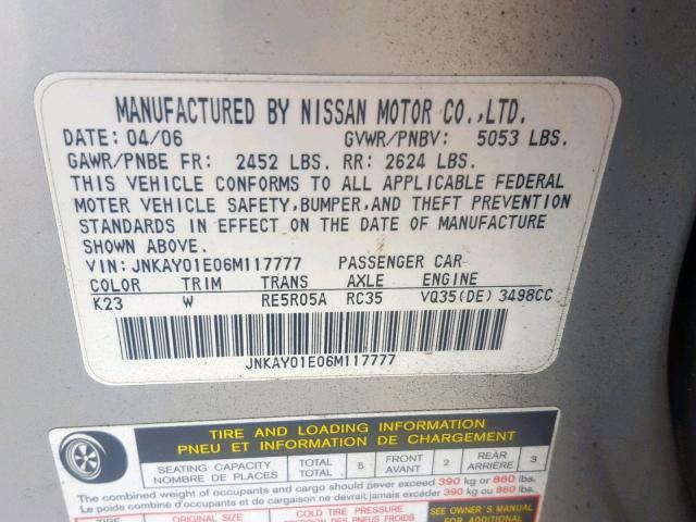 JNKAY01E06M117777 - 2006 INFINITI M35 BASE SILVER photo 10