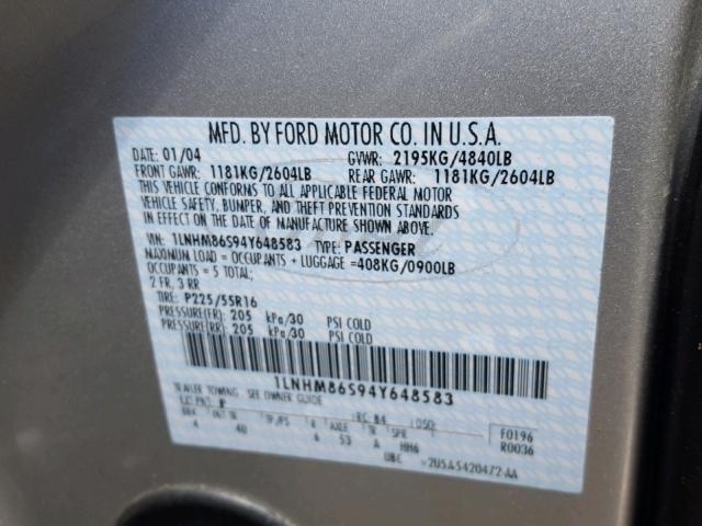 1LNHM86S94Y648583 - 2004 LINCOLN LS فضي صورة 10