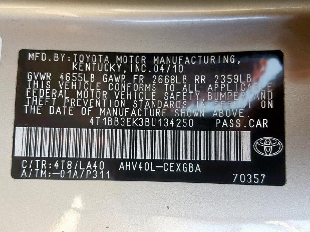 4T1BB3EK3BU134250 - 2011 TOYOTA CAMRY HYBR GOLD photo 10