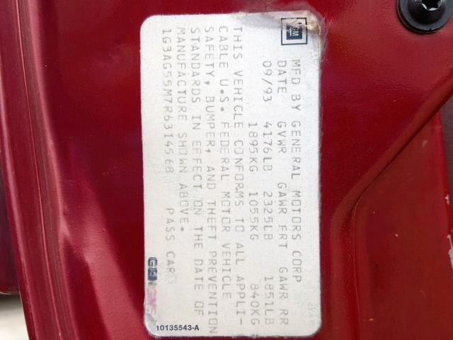 1G3AG55M7R6314568 - 1994 OLDSMOBILE CUTLASS CI BURGUNDY photo 10