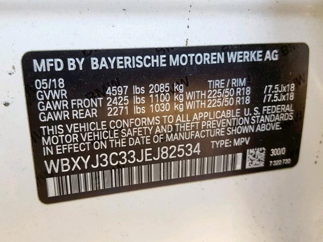 WBXYJ3C33JEJ82534 - 2018 BMW X2 SDRIVE2 WHITE photo 10