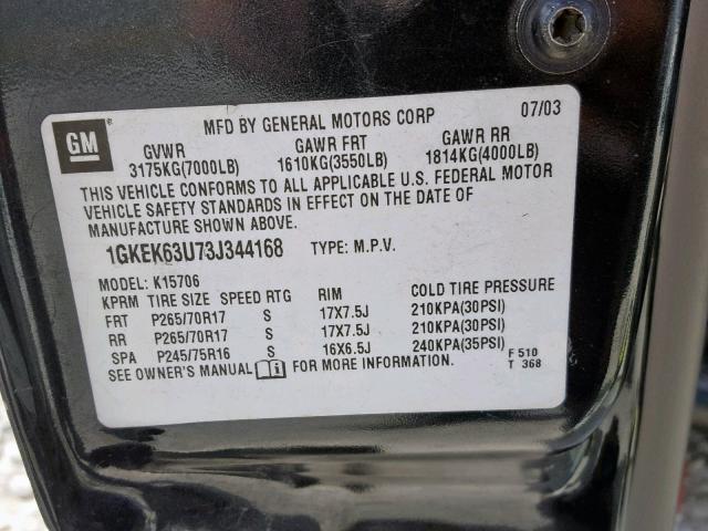 1GKEK63U73J344168 - 2003 GMC YUKON DENA GRAY photo 10