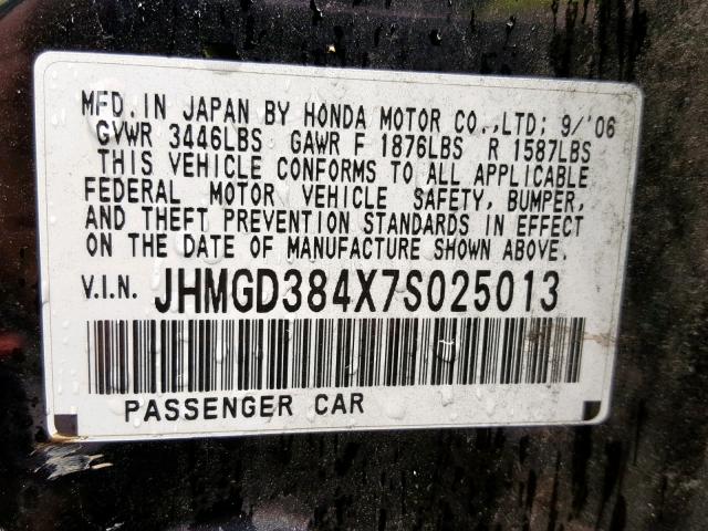 JHMGD384X7S025013 - 2007 HONDA FIT BLACK photo 10