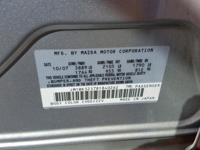 JM1BK323781840262 - 2008 MAZDA 3 S SILVER photo 10