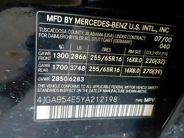 4JGAB54E5YA212198 - 2000 MERCEDES-BENZ ML 320 BLACK photo 10