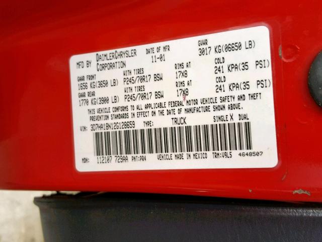 3D7KA28693G742218 - 2003 DODGE RAM 2500 S Կարմիր լուսանկար 10