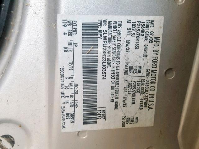 5LMFU28R23LJ03574 - 2003 LINCOLN NAVIGATOR Gümüş foto 10