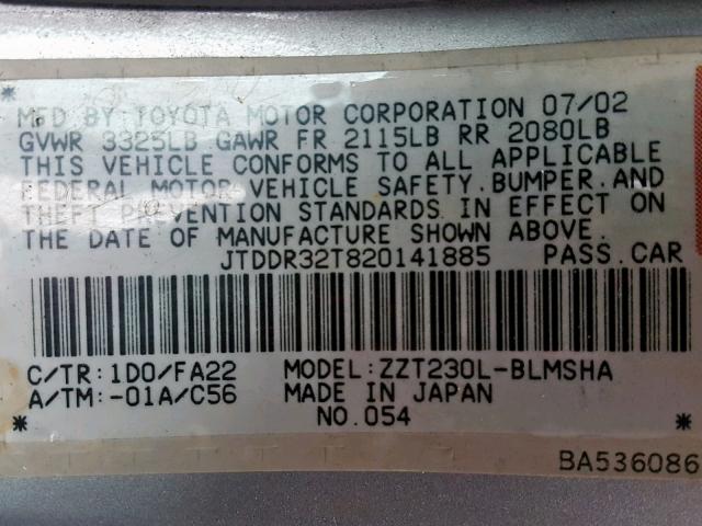 JTDDR32T820141885 - 2002 TOYOTA CELICA GT SILVER photo 10