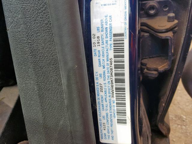 3VWVH69M73M087465 - 2003 VOLKSWAGEN JETTA GLI BLUE photo 10