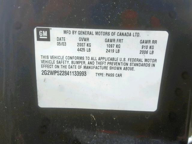 2G2WP522841133993 - 2004 PONTIAC GRAND PRIX BLACK photo 10