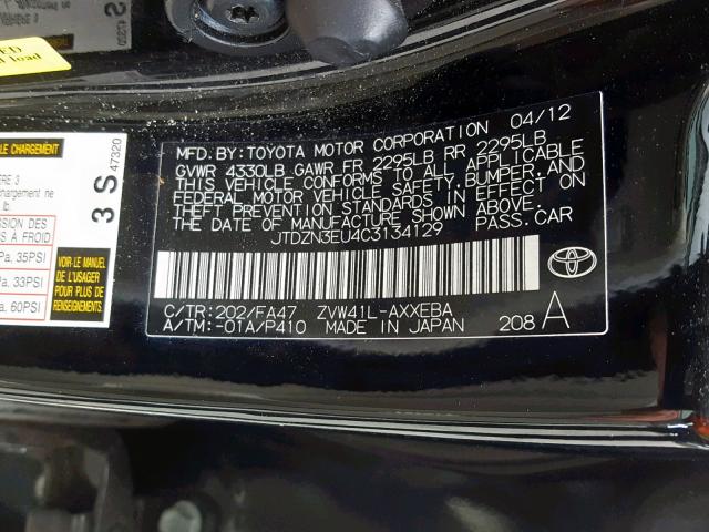 JTDZN3EU4C3134129 - 2012 TOYOTA PRIUS V BLACK photo 10