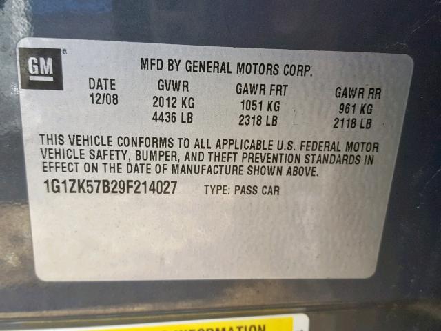 1G1ZK57B29F214027 - 2009 CHEVROLET MALIBU LTZ ნაცრისფერი ფოტო 10