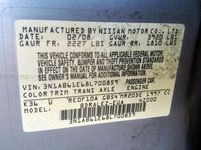 3N1AB61E68L700859 - 2008 NISSAN SENTRA 2.0 SILVER photo 10