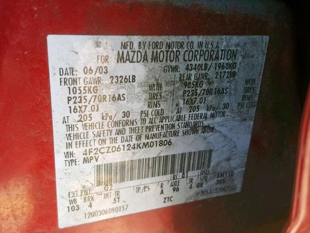 4F2CZ06124KM01806 - 2004 MAZDA TRIBUTE ES წითელი ფოტო 10