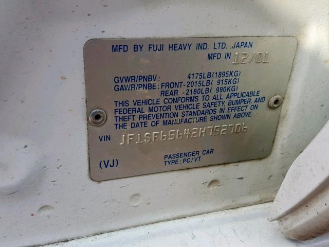 JF1SF65642H752706 - 2002 SUBARU FORESTER S თეთრი ფოტო 10